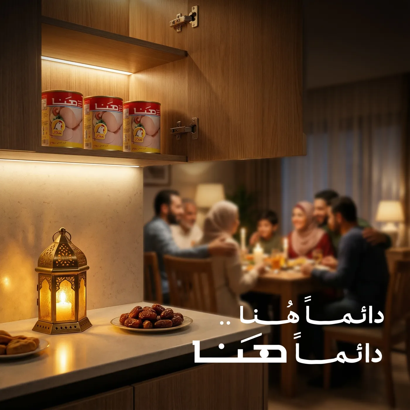 Hana cans in the cupboard, family at the table