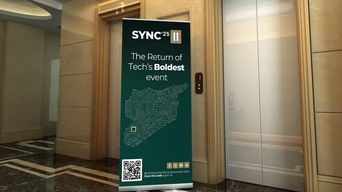 Roll-up banner in an elevator lobby