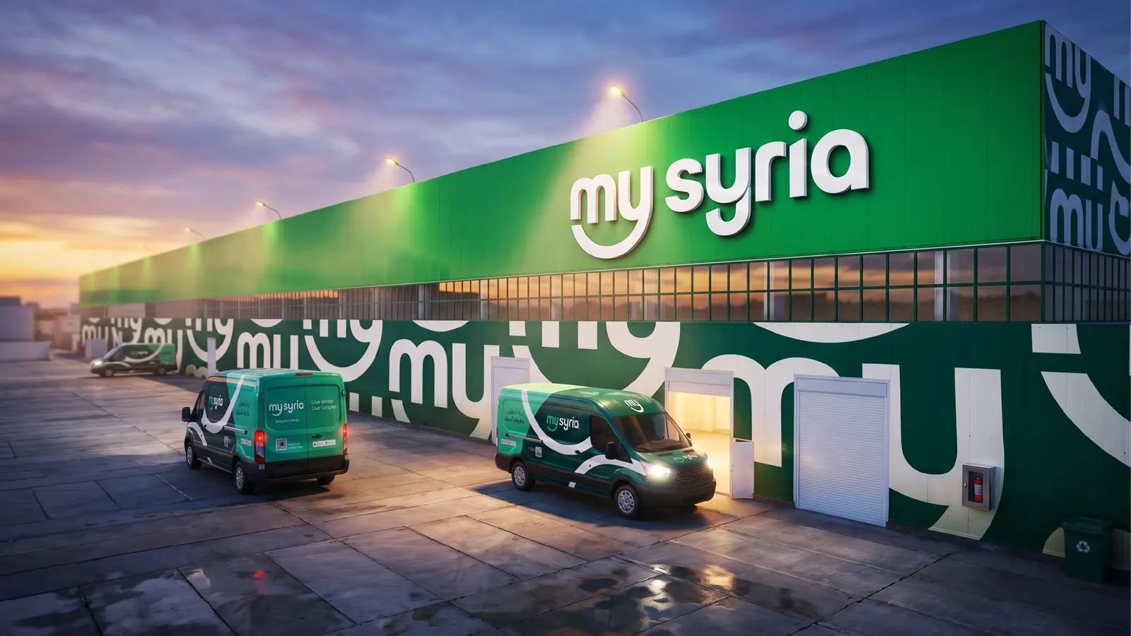 mySyria storefront and branded vans at dusk