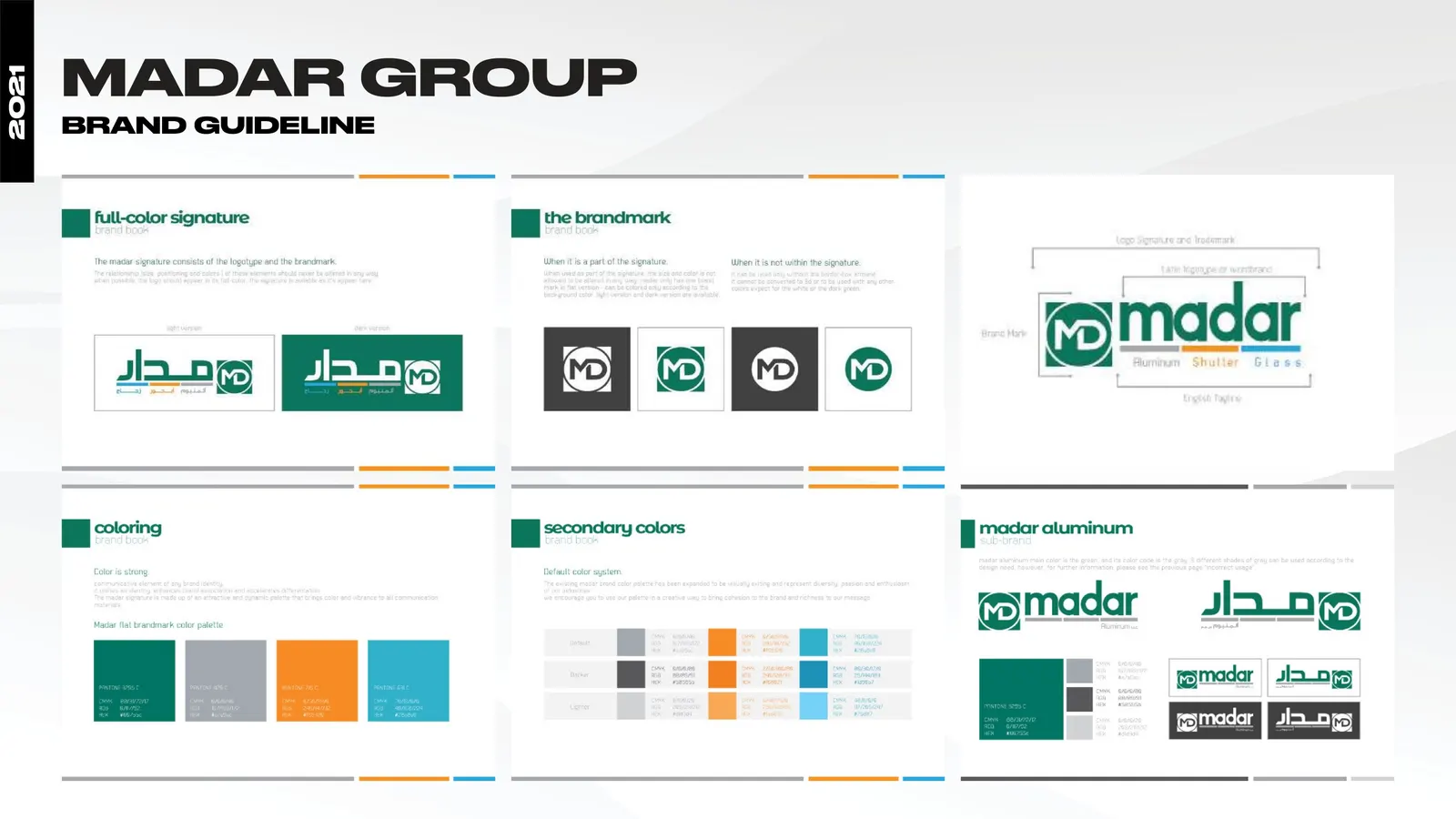 Madar brand guideline pages: signature, brandmark and colours